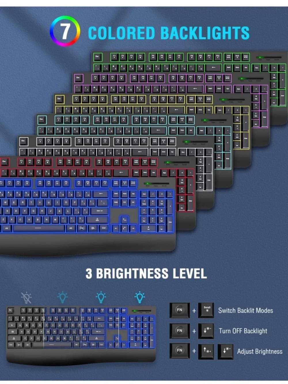 Wireless Keyboard and Mouse combo 7 backlit effect wrist rest sleep mode